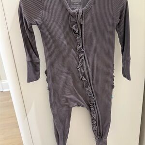 Posh Peanut Dusty Mauve Ribbed Ruffle Footie One-Piece